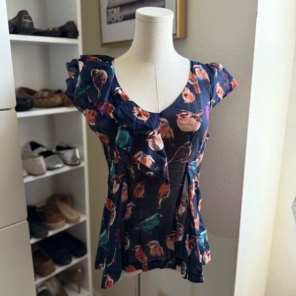 Anthropologie Meadow Rue Animal Kingdom Blue Bird Print Short Sleeve Top Size 6 - Picture 6 of 11